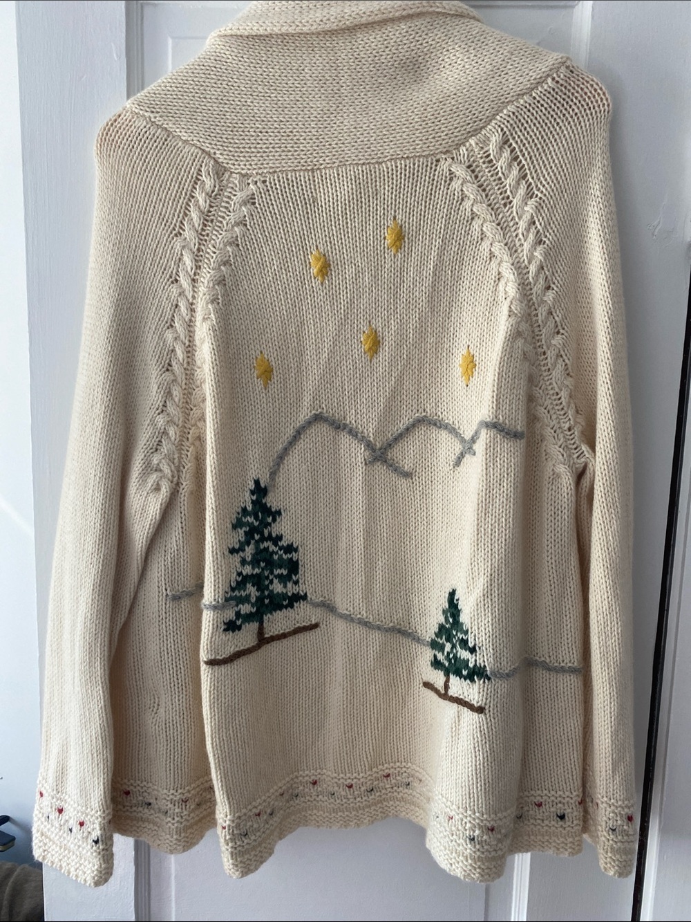 THE GREAT. Cream Embroidered Cabin Cardigan with Green Tree Motif - Picture 4 of 4